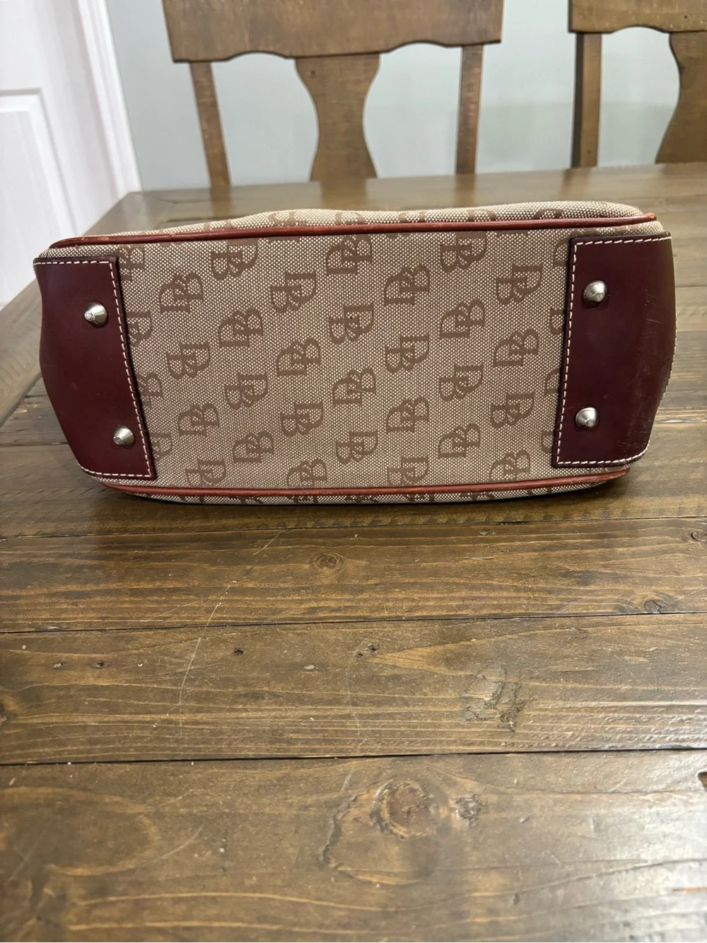 Dooney & Bourke Signature Monogram Satchel with Brown Leather Trim